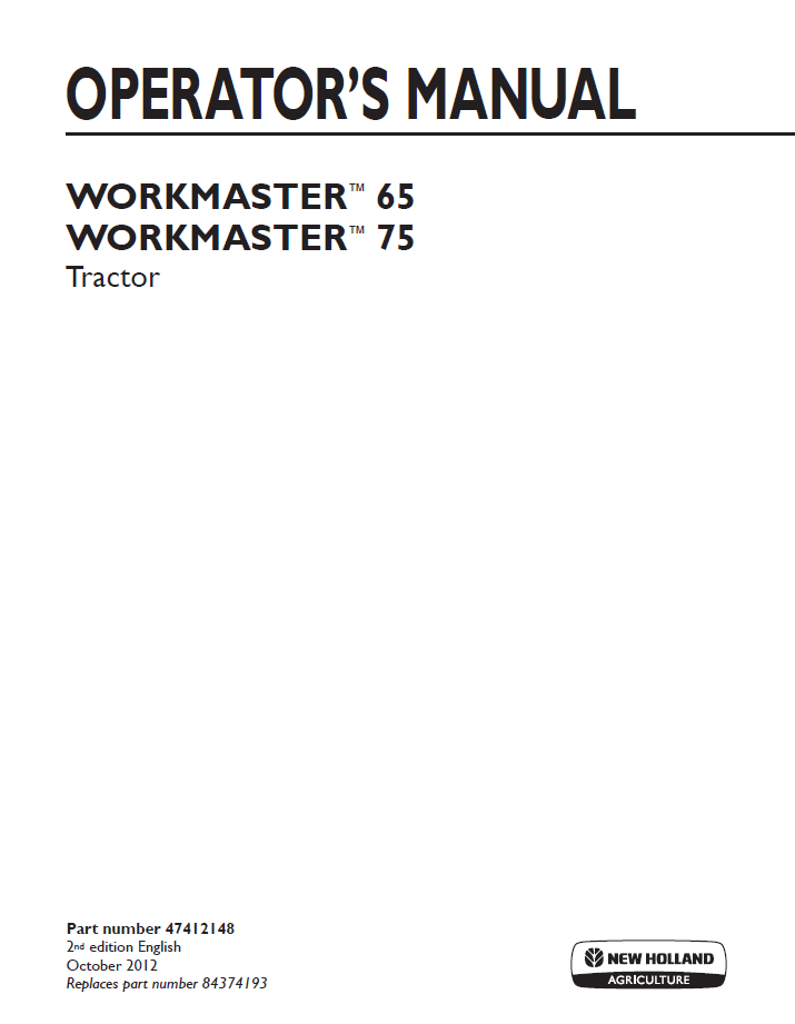 New Holland Workmaster 65, Workmaster 75 Tractor Service Manual (47412148 PDF)