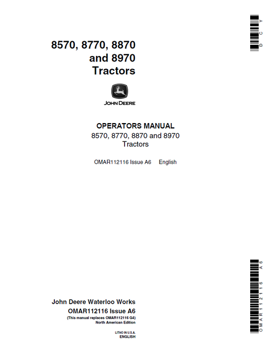 OMAR112116 John Deere 8570 8770 8870 8970 Operator Manual
