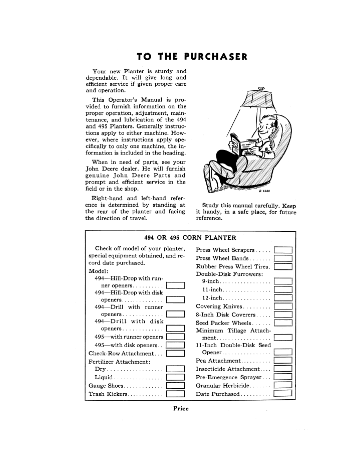 OMB25002B John Deere 494 495 Corn Planter User & Service Manual