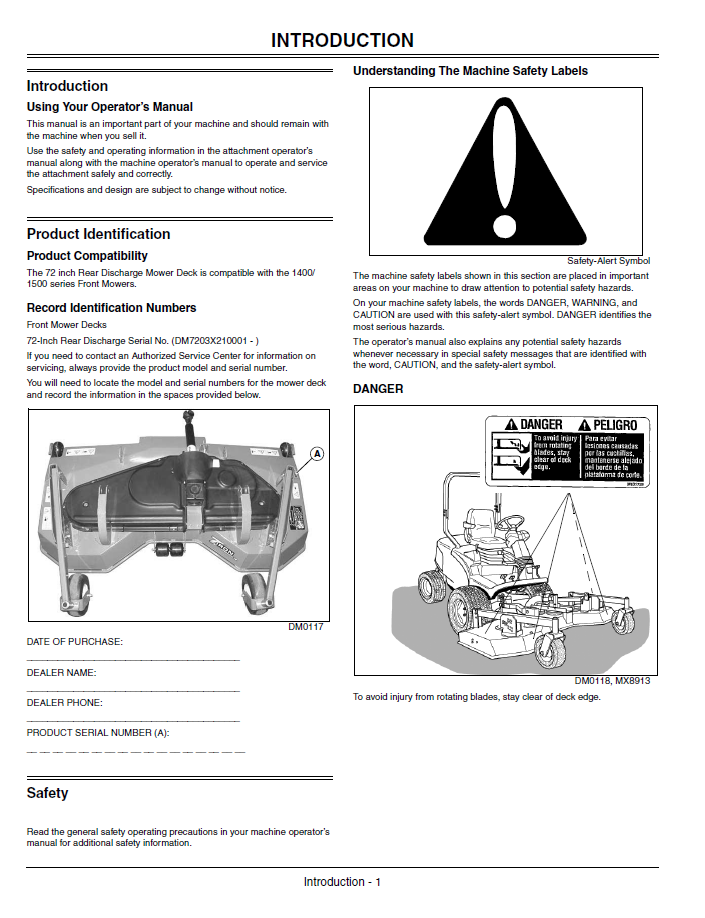 OMDMU210022 John Deere 1400/1500 Series Front Mower Deck Manual