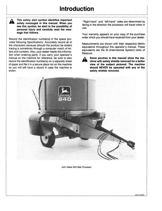 OME76359 Operator & Safety Manual: John Deere 840 Bale Processor