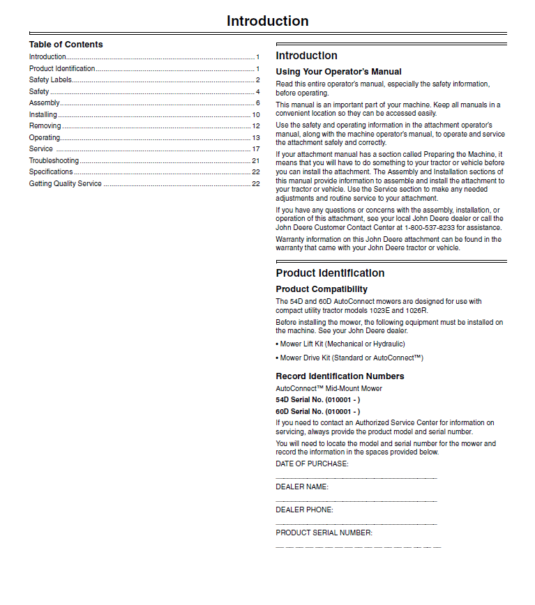 JOHN DEERE AUTOCONNECT™ MID-MOUNT MOWER 54D AND 60D OPERATOR MANUAL OMLVU25573