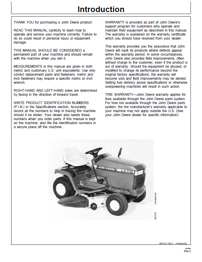 OMM115211 John Deere LX Series Lawn Tractor Operation & Maintenance Guide