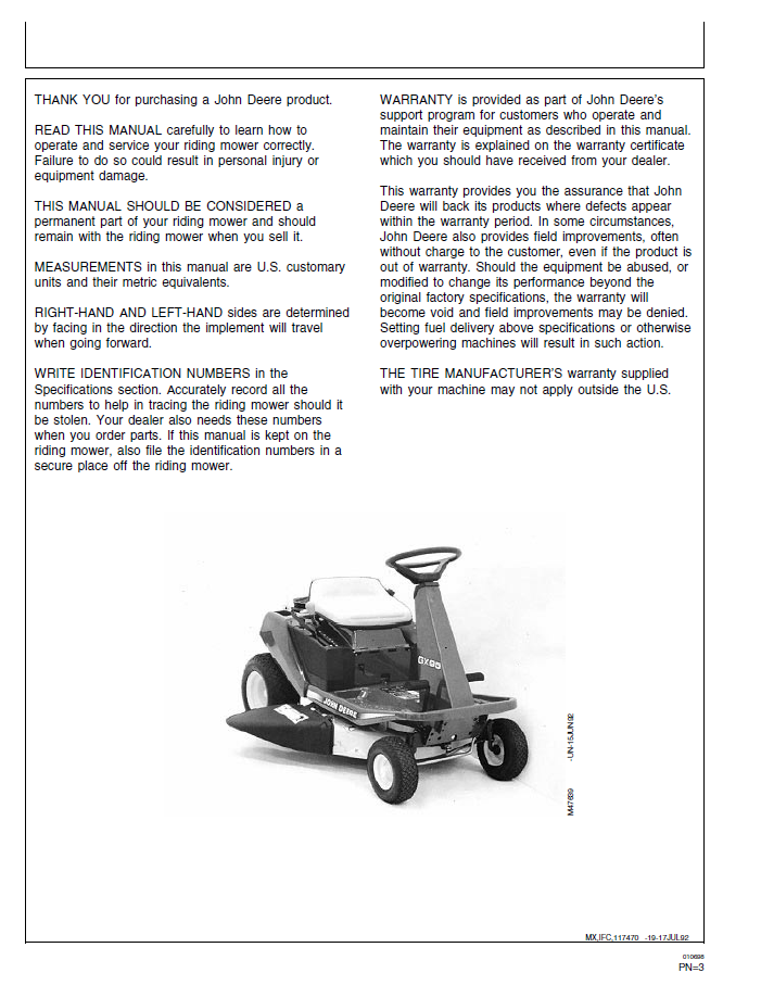 OMM117470 John Deere GX75 GX95 Riding Mower Operation & Maintenance Guide