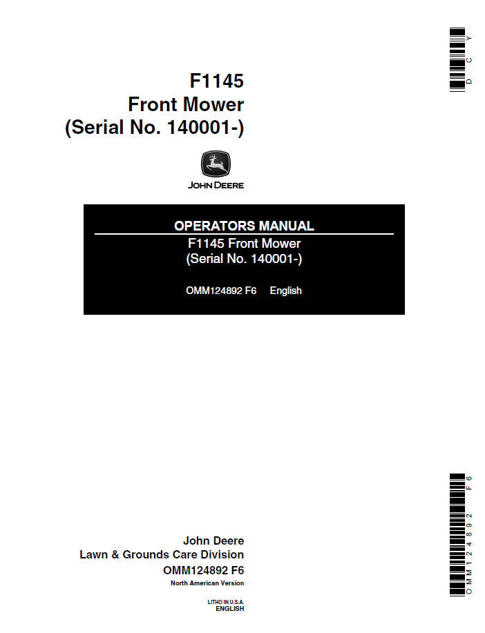 OMM124892 John Deere F1145 Front Mower Operator & Maintenance Manual