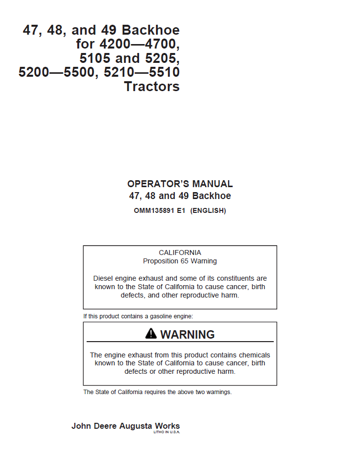 OMM135891 John Deere 47–49 Backhoe Tractor Operator Manual PDF