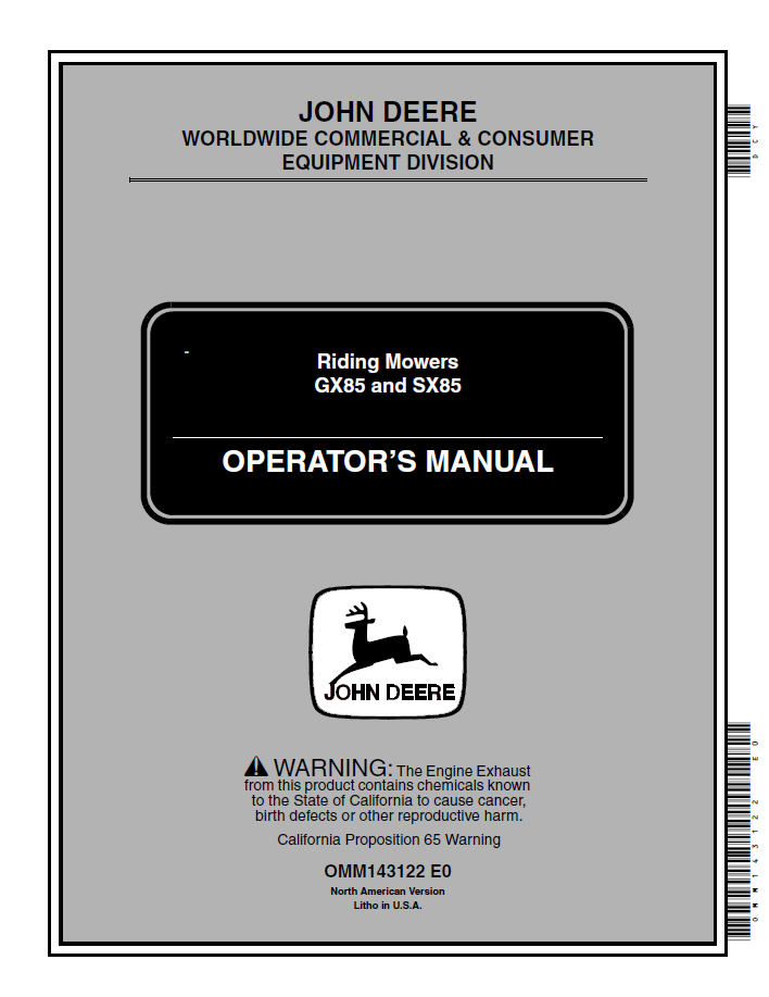 OMM143122 John Deere GX85 & SX85 Riding Mower Operator Manual PDF