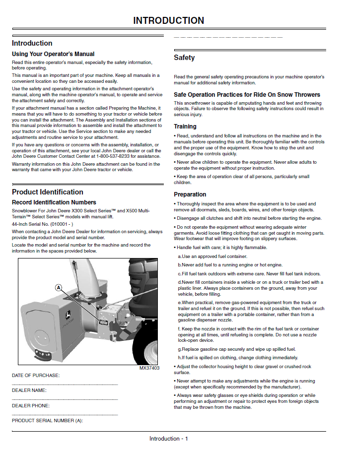 OMM151683 John Deere 44 Inch Snowblower Operation & Maintenance Manual