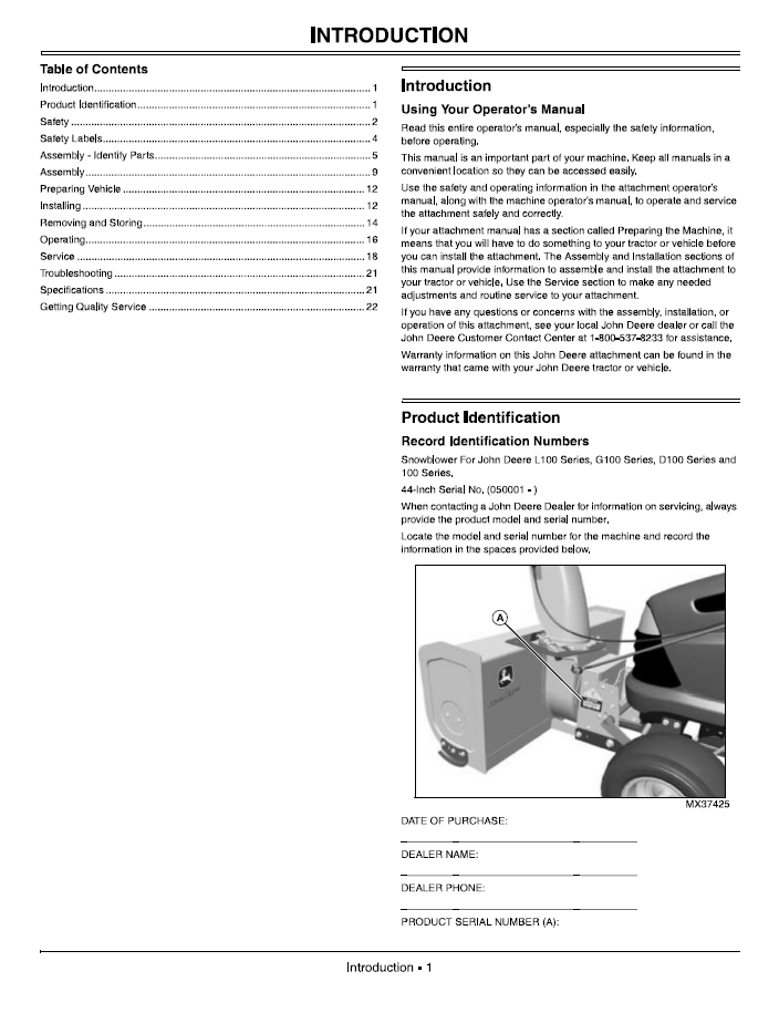 OMM163342 John Deere 44 Inch Snowblower Operation & Maintenance Manual