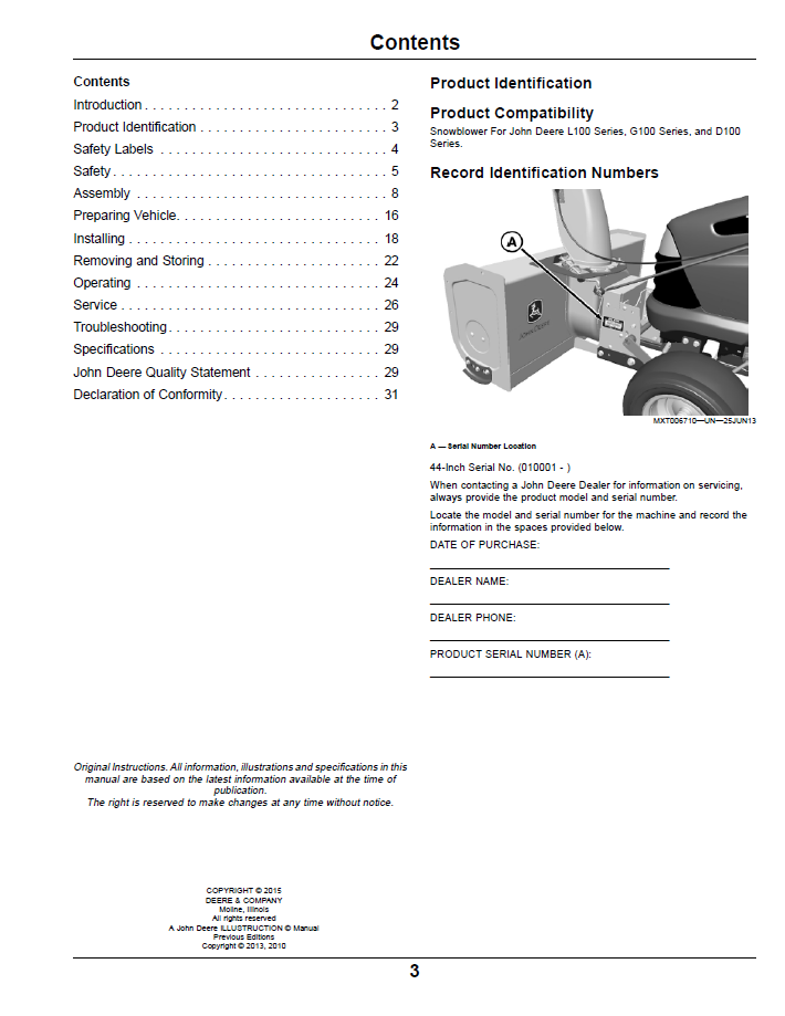 OMM175862 Snowblower Operator Guide for John Deere 100 Series Tractors
