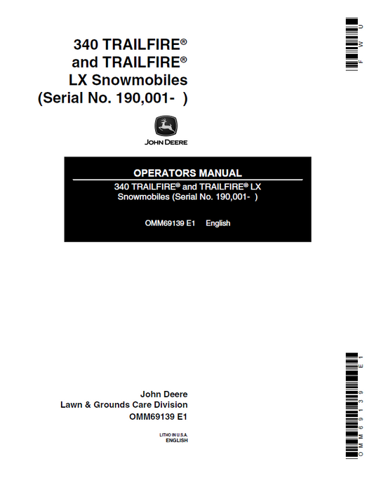 OMM69139 John Deere 340 Trailfire & Trailfire LX Snowmobile Manual