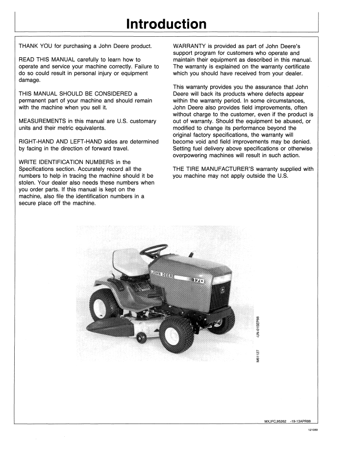 OMM95262 John Deere 170-185 Lawn Tractor Operation & Maintenance Manual
