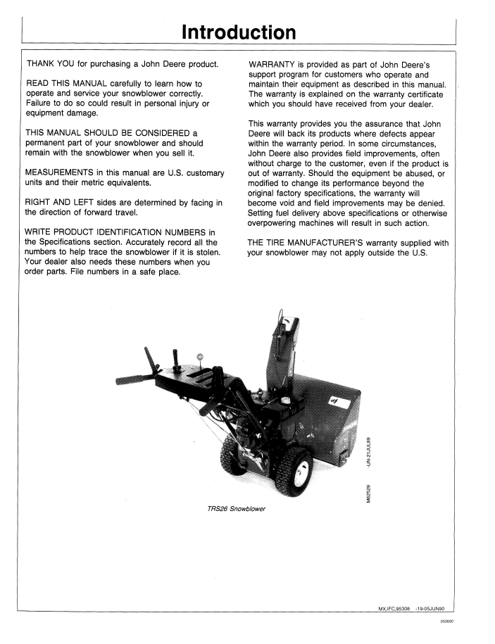 OMM95308 John Deere Walk-Behind Snowblower Operation & Maintenance Manual