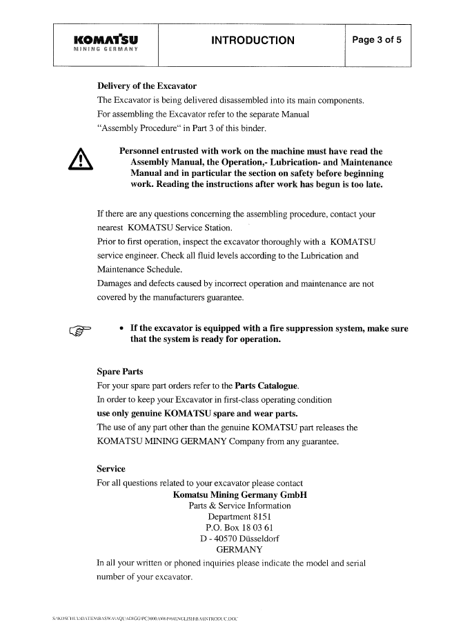 OMPC30006202 Manual: Komatsu PC3000-1 Hydraulic Mining Excavator Maintenance