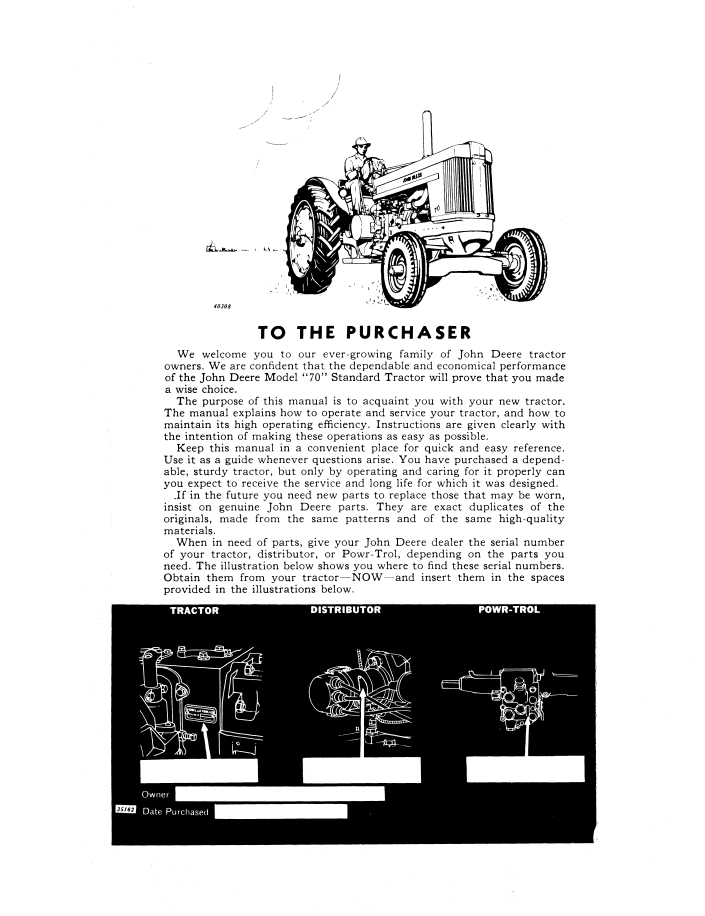 OMR2036 John Deere Model 70 Tractor Owner’s & Operation Manual