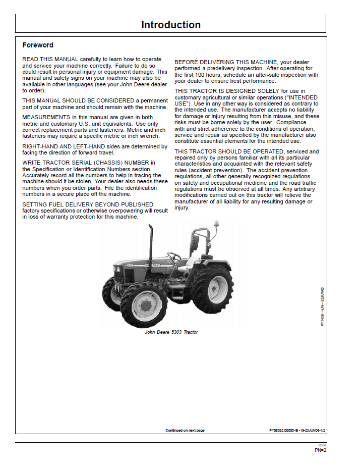 OMRE259583 John Deere 5303-5503 Tractor Owner & Operation Guide