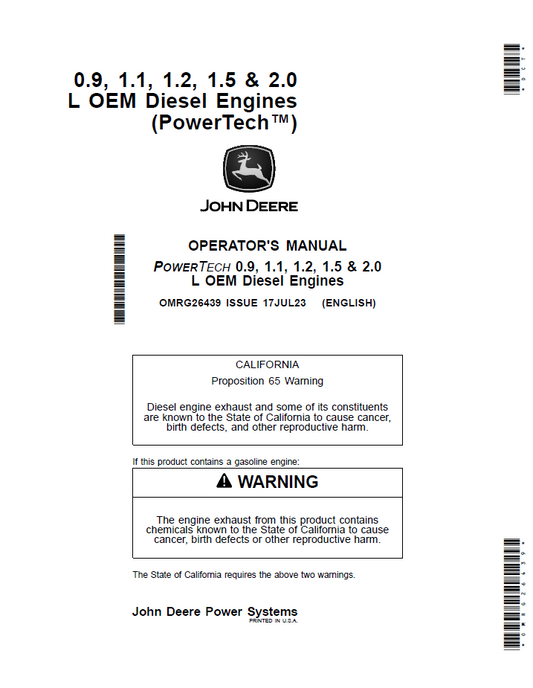 OMRG26439 John Deere PowerTech 0.9L 1.1L 1.5L 2.0L Engine Manual