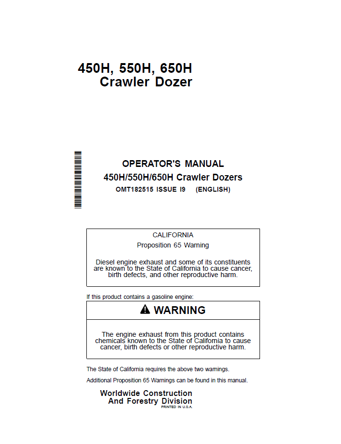 OMT182515 John Deere 450H 550H 650H Crawler Dozer Operator Manual PDF