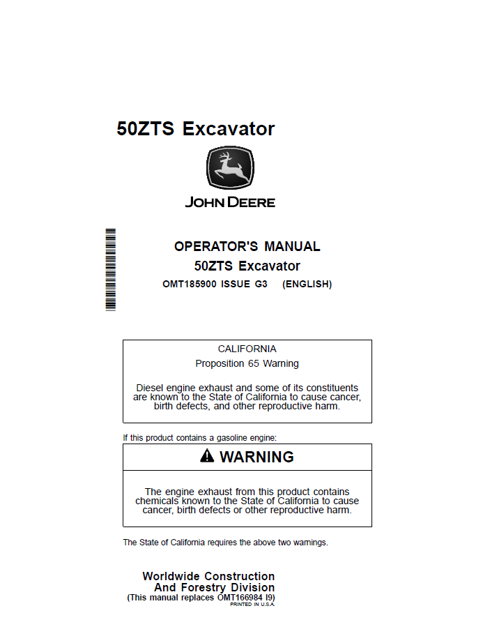 OMT185900 John Deere 50ZTS Excavator Operator Manual PDF