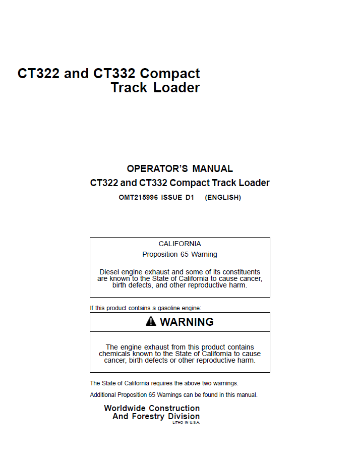 OMT215996 John Deere CT322 CT332 Compact Track Loader Manual PDF