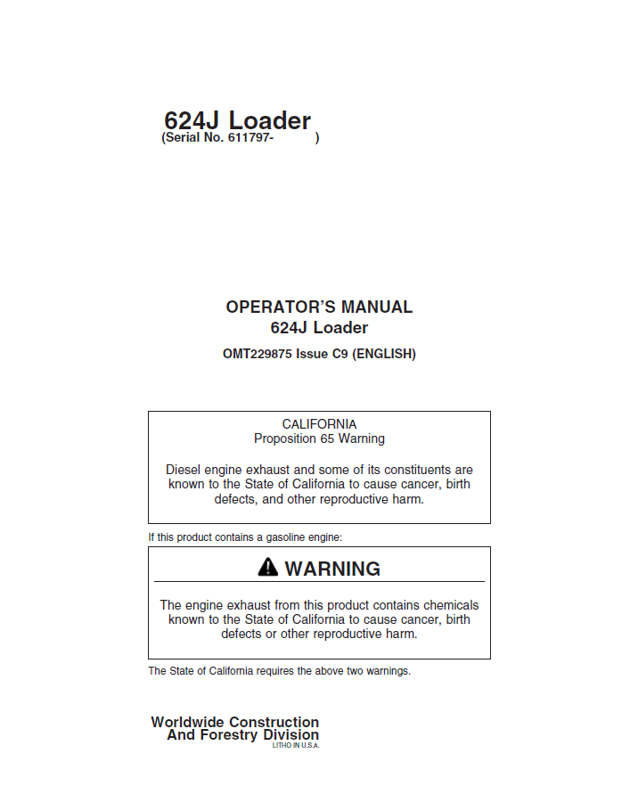 OMT229875 John Deere 624J Loader Operator Manual PDF Download