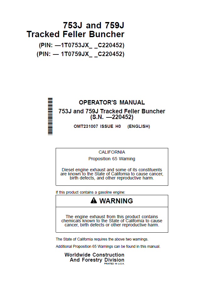 OMT231007 John Deere 753J 759J Tracked Feller Buncher Manual PDF