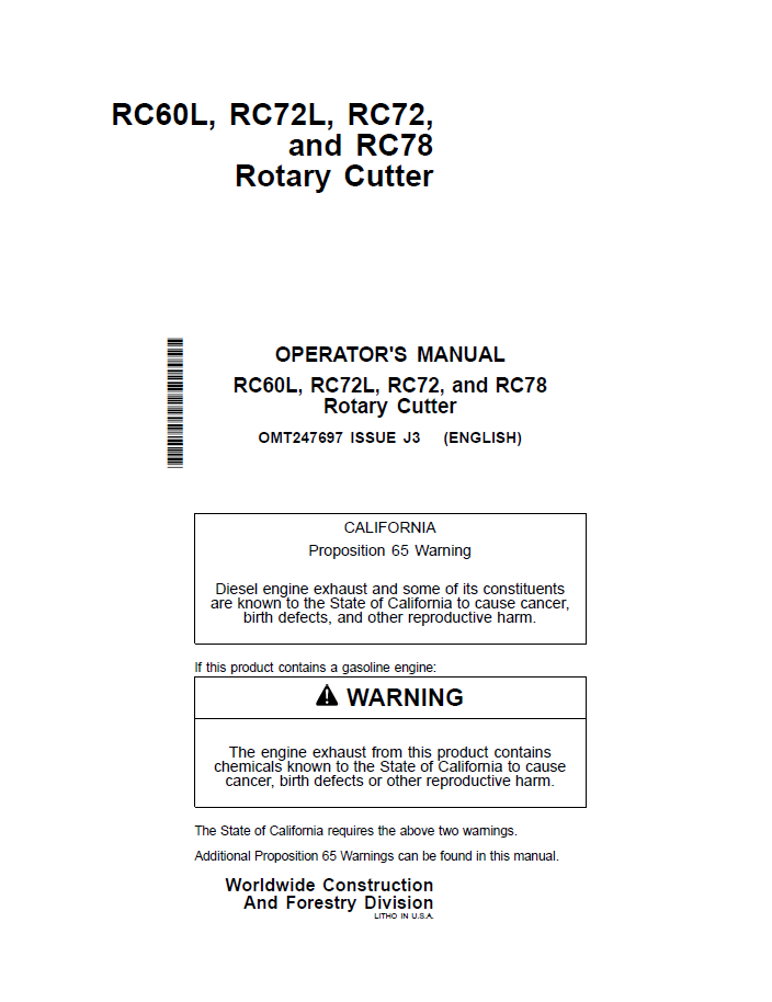 OMT247697 John Deere RC60L RC72L RC72 RC78 Rotary Cutter Manual PDF