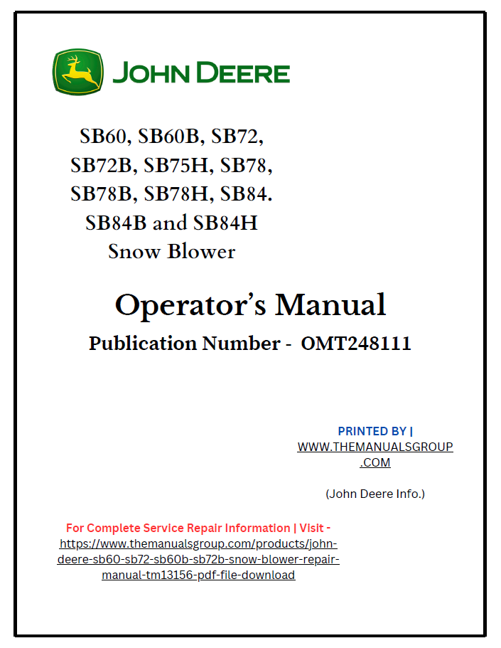 OMT248111 John Deere SB60 SB72 SB84 Snow Blower Operator Manual PDF