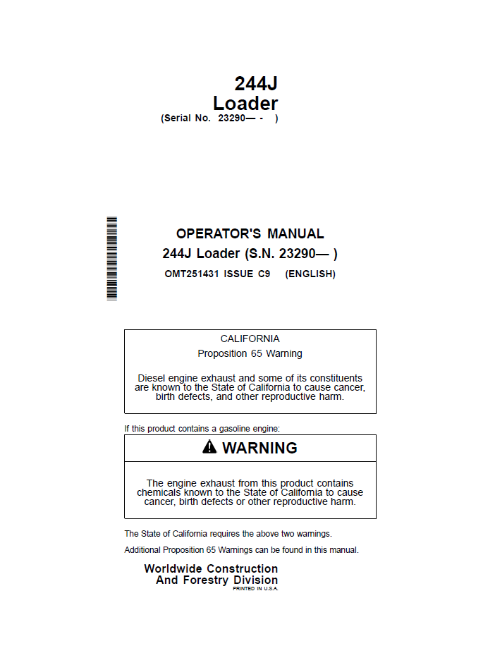 John Deere OMT251431 Manual for 244J Wheel Loader Operation Guide