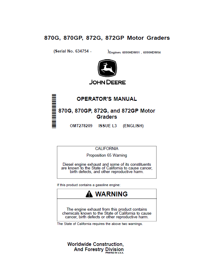 OMT278209 John Deere 870G 870GP 872G 872GP Motor Grader Manual PDF