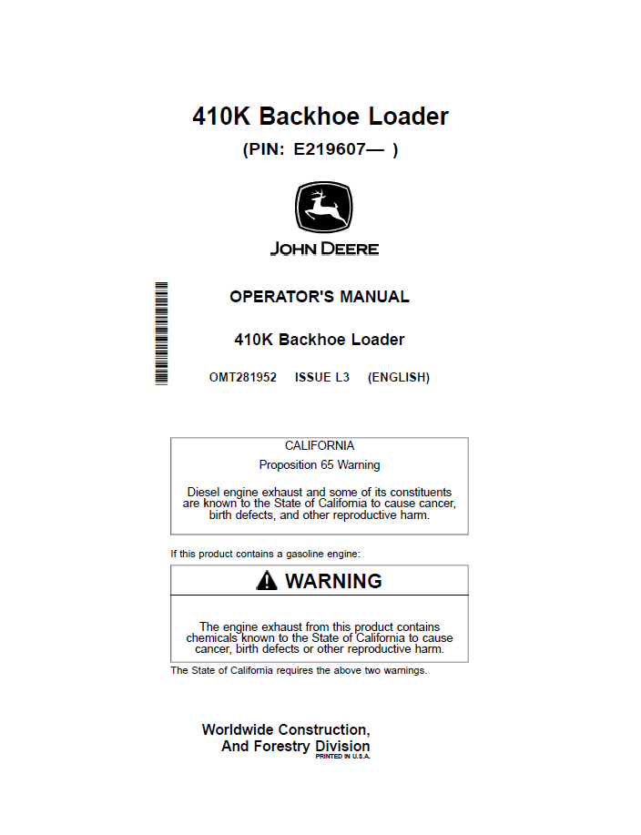 OMT281952 John Deere 410K Backhoe Loader Operator Manual PDF