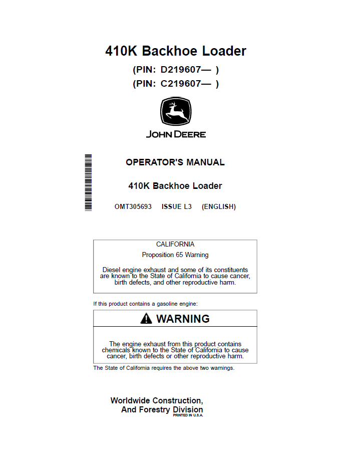 OMT305693 John Deere 410K Backhoe Loader Operator Manual PDF