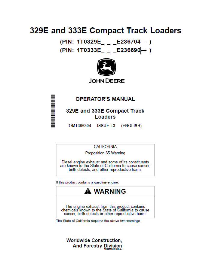 OMT306304 John Deere 329E 333E Compact Track Loader Manual PDF