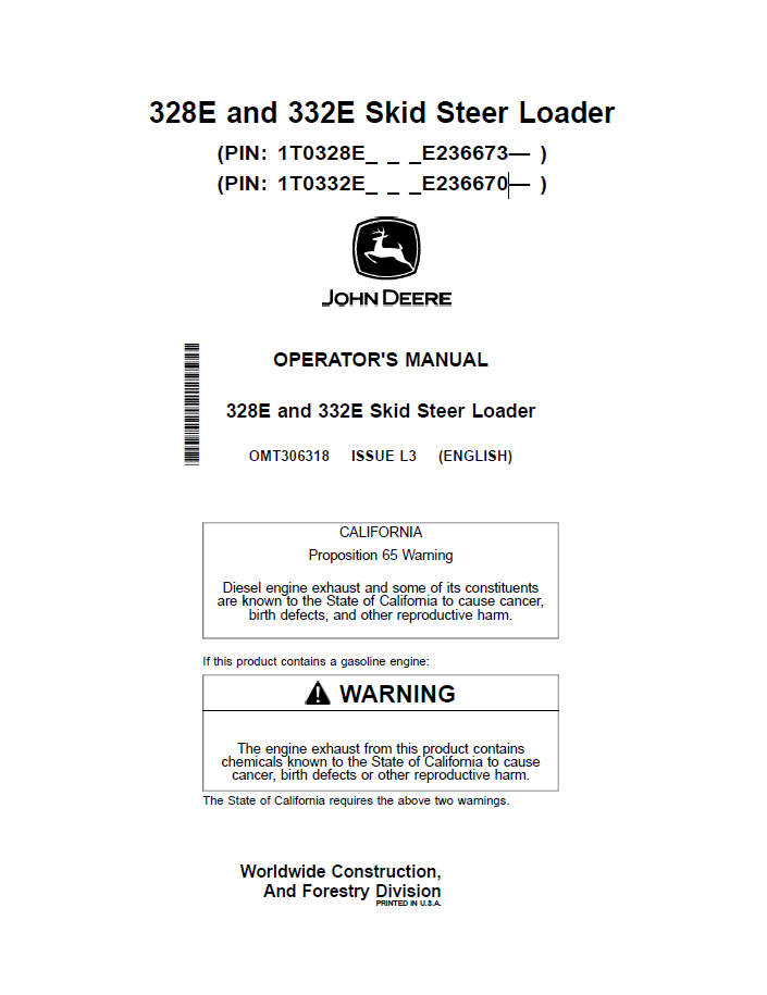 OMT306318 John Deere 328E 332E Skid Steer Loader Manual PDF