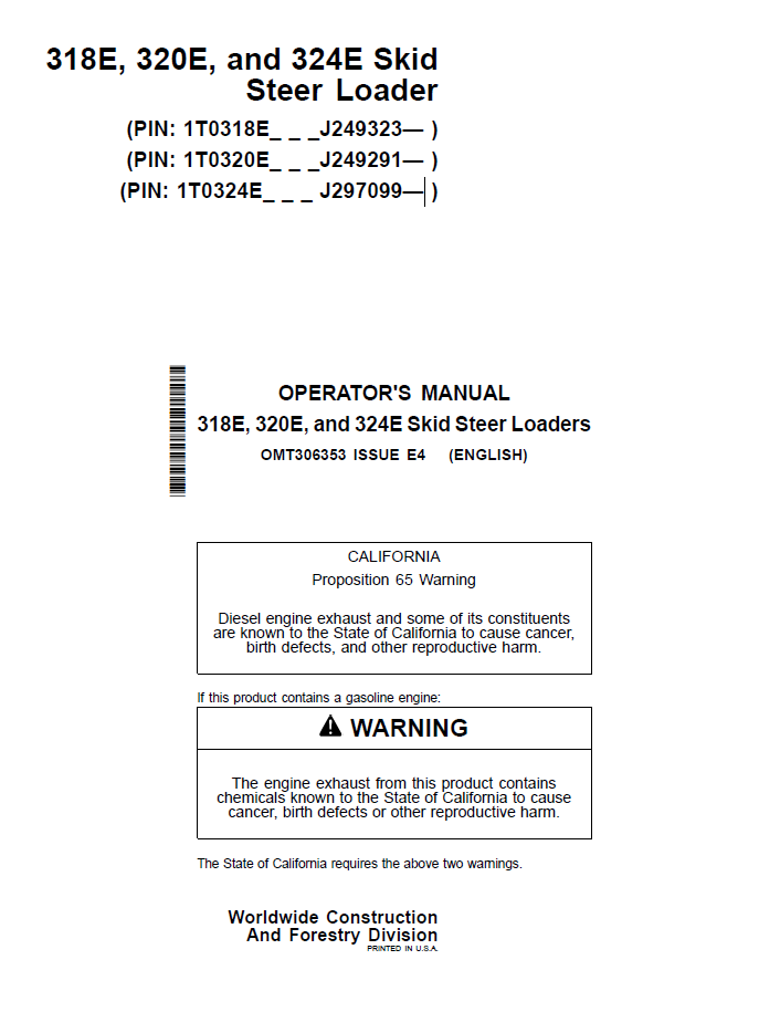 OMT306353 John Deere 318E 320E 324E Skid Steer Loader Manual PDF