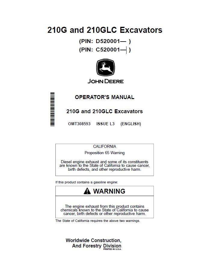 OMT308593 John Deere 210G 210GLC Excavator Operator Manual PDF