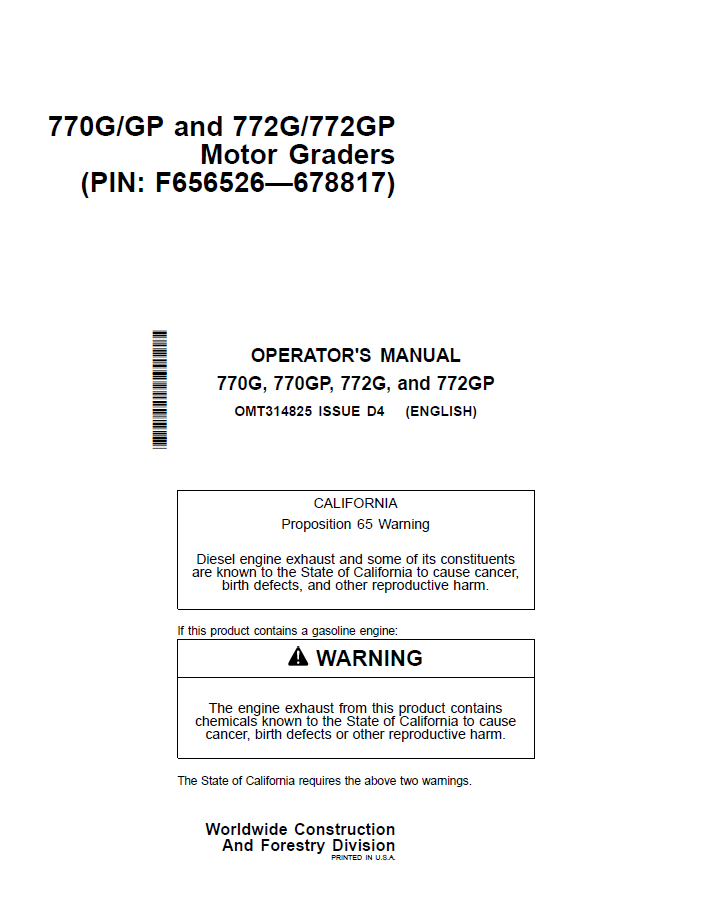 OMT314825 John Deere 770G 770GP 772G 772GP Motor Grader Manual PDF