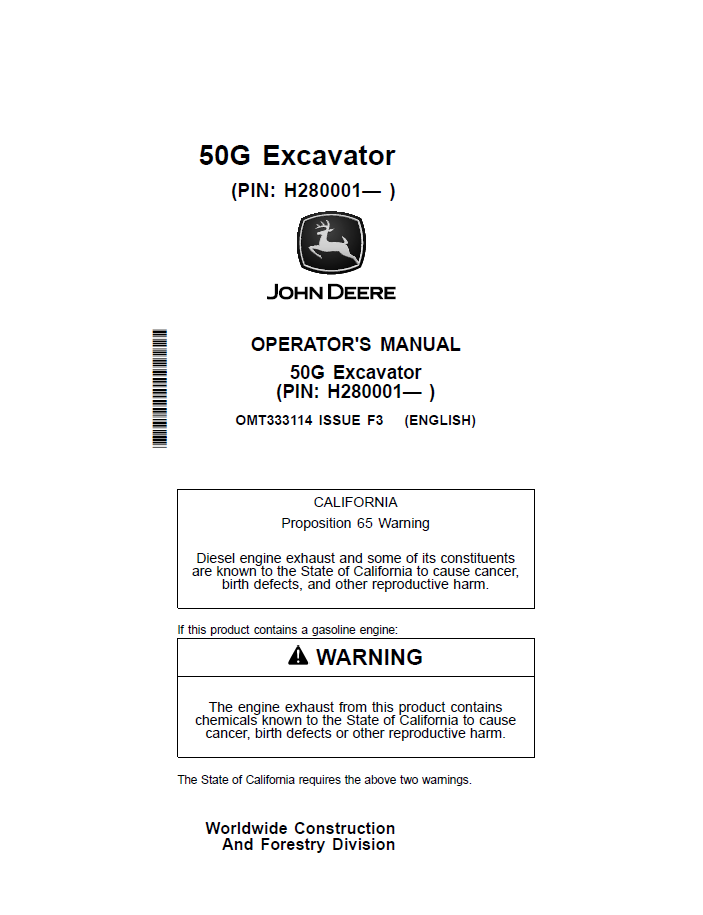 OMT333114 John Deere 50G Excavator Operator Manual PDF