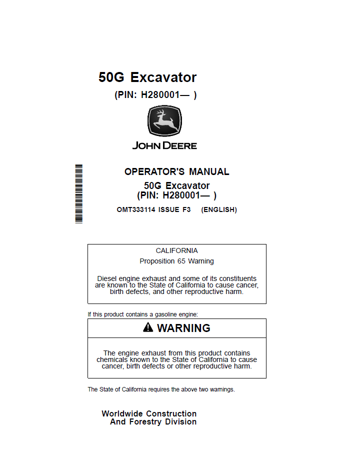 OMT333114 John Deere 50G Excavator Operator Manual PDF Download