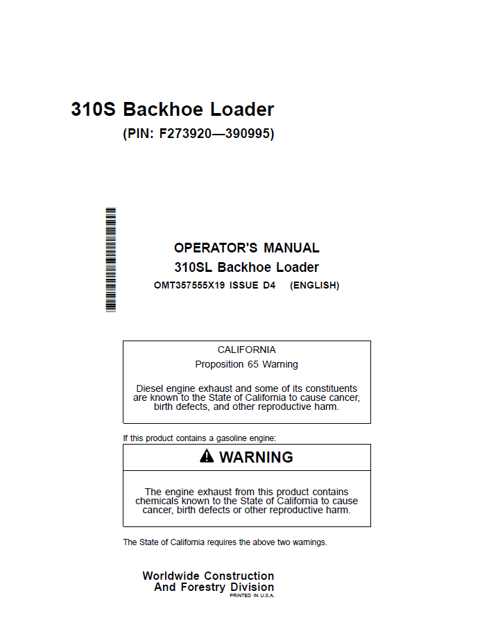OMT357555X19 John Deere 310SL Backhoe Loader Operator Manual PDF