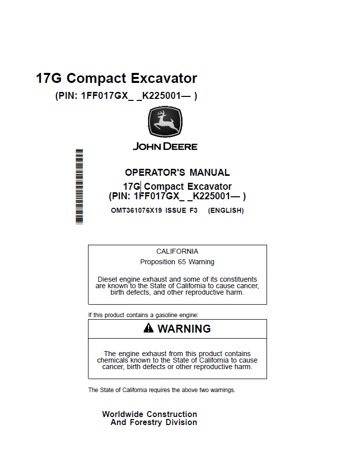 OMT361076X19 John Deere 17G Compact Excavator Manual PDF