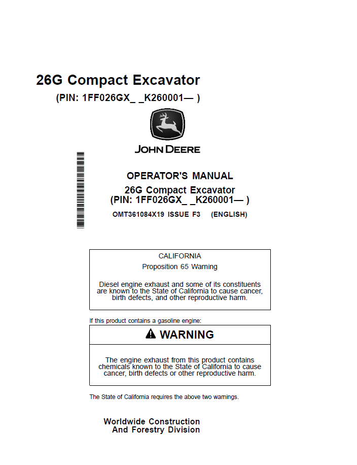 OMT361084X19 John Deere 26G Compact Excavator Manual PDF