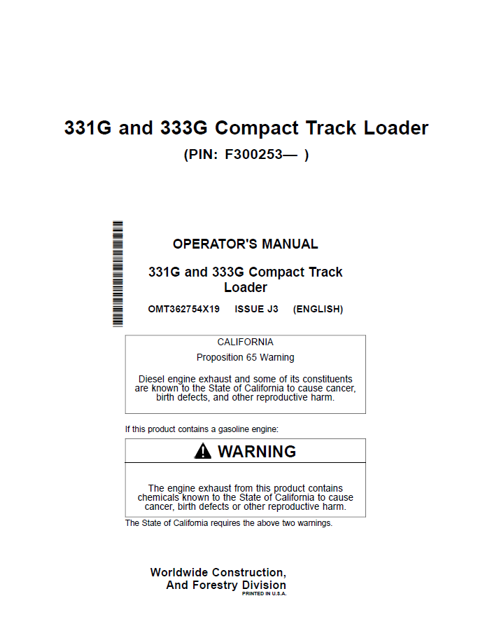 OMT362754X19 John Deere 331G 333G Compact Track Loader Manual PDF