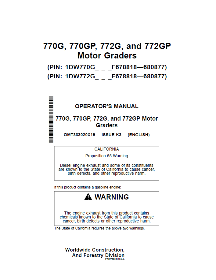 OMT363020X19 John Deere 770G 770GP 772G 772GP Motor Grader Manual PDF