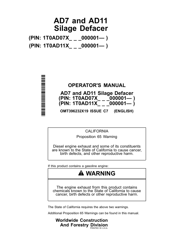 JOHN DEERE AD7 & AD11 SILAGE DEFACER OPERATOR MANUAL OMT396232X19