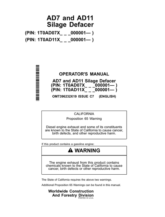 JOHN DEERE AD7 & AD11 SILAGE DEFACER OPERATOR MANUAL OMT396232X19