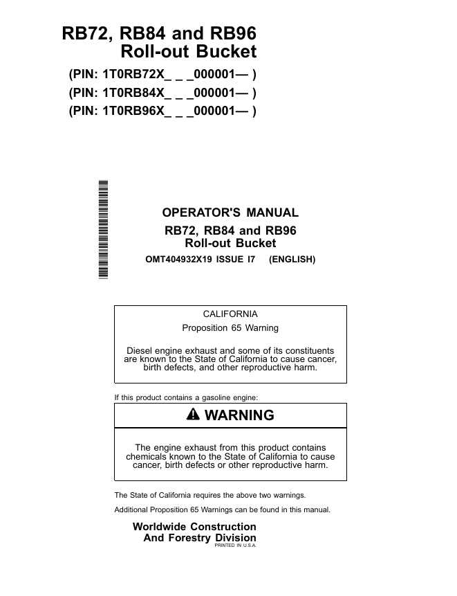 JOHN DEERE RB72, RB84 AND RB96 ROLL-OUT BUCKET OPERATOR MANUAL OMT404932X19