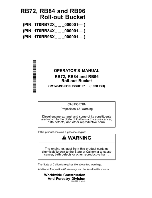 JOHN DEERE RB72, RB84 AND RB96 ROLL-OUT BUCKET OPERATOR MANUAL OMT404932X19