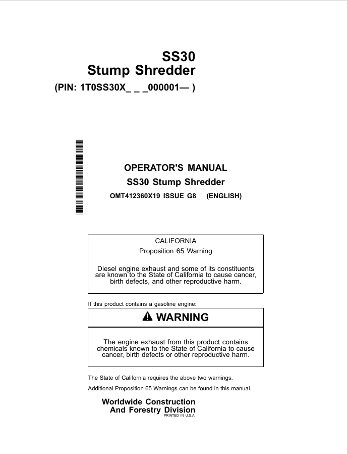 JOHN DEERE SS30 STUMP SHREDDER OPERATOR MANUAL OMT412360X19