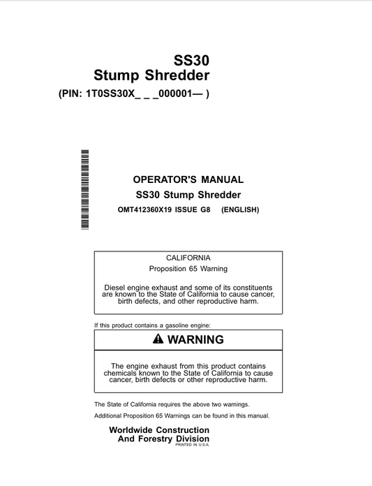 JOHN DEERE SS30 STUMP SHREDDER OPERATOR MANUAL OMT412360X19